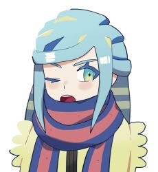 Rule 34 | 1boy, aqua eyes, aqua hair, blush, chirosamu, commentary request, creatures (company), eyelashes, game freak, grusha (pokemon), highres, jacket, korean commentary, long hair, male focus, nintendo, one eye closed, open mouth, pokemon, pokemon sv, scarf, sideways glance, simple background, solo, striped clothes, striped scarf, teeth, tongue, upper body, upper teeth only, white background, yellow jacket