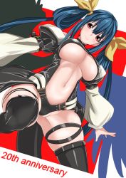 Rule 34 | 1girl, anniversary, black thighhighs, blue hair, breasts, dizzy (guilty gear), guilty gear, hair between eyes, hair ribbon, highres, large breasts, long hair, looking at viewer, red eyes, ribbon, smile, solo, tail, thighhighs, underboob, very long hair, wantsupanchi!!, yellow ribbon