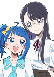 Rule 34 | 2girls, :d, absurdres, blue eyes, blue hair, bow, commentary request, eyelashes, glasses, hair bow, hair ornament, hairclip, happy, heartcatch precure!, high ponytail, high side ponytail, highres, hirogaru sky! precure, in-franchise crossover, looking at another, multiple girls, open mouth, ponytail, precure, purple eyes, purple hair, ribbon, school uniform, shirt, side ponytail, simple background, sketch, smile, sora harewataru, standing, tsukikage oyama, tsukikage yuri, white background, white shirt, yellow bow