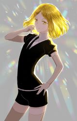 Rule 34 | 1other, androgynous, bad id, bad pixiv id, blonde hair, contrapposto, cowboy shot, elbow gloves, gem uniform (houseki no kuni), gloves, grey background, hand on own hip, houseki no kuni, light particles, looking at viewer, necktie, puffy short sleeves, puffy sleeves, rainbow, short shorts, short sleeves, shorts, simple background, solo, standing, tette, thighhighs, yellow diamond (houseki no kuni), yellow eyes