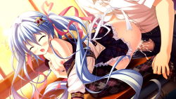 Rule 34 | 1girl, blue hair, blush, breasts, censored, closed eyes, collarbone, cum, cum in pussy, game cg, hair ornament, long hair, luluna, magical marriage lunatics!!, moonstone, nipples, open mouth, penis, ribbon, sex, thighhighs, twintails, vaginal, yamakaze ran