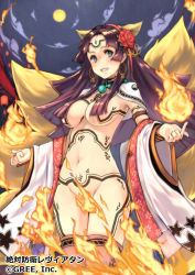 Rule 34 | 1girl, animal ears, blue eyes, blush, bottomless, breasts, brown hair, censored, convenient censoring, fire, flower, fox ears, fox tail, grin, hair flower, hair ornament, keypot, long hair, looking at viewer, multiple tails, navel, official art, smile, solo, tail, tattoo, thighhighs, underboob, watermark, zettai bouei leviathan