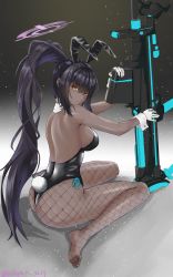 Rule 34 | 1girl, animal ears, anti-materiel rifle, ass, bad id, bad pixiv id, black hair, black leotard, blue archive, boys anti-tank rifle, breasts, commentary request, curvy, dark-skinned female, dark skin, detached collar, fake animal ears, fishnets, from side, gloves, gun, hair between eyes, high ponytail, highleg, highleg leotard, highres, holding, holding gun, holding weapon, huge ass, karin (blue archive), karin (bunny) (blue archive), large breasts, leotard, long hair, looking at viewer, no shoes, playboy bunny, rifle, sakapan, seiza, shiny clothes, shiny skin, sideboob, sitting, sniper rifle, solo, thong leotard, twitter username, very long hair, weapon, white gloves, wide hips, wrist cuffs, yellow eyes