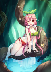 Rule 34 | 1girl, :d, amemiya ruki, arm support, bikini, bikini bottom only, blurry, blurry background, blush, breasts, brown eyes, cleavage, collarbone, commentary request, day, depth of field, flower, forest, granblue fantasy, hair between eyes, hair flower, hair ornament, hair over shoulder, highres, in tree, long hair, looking at viewer, low twintails, medium breasts, nature, navel, open mouth, outdoors, pink hair, pointy ears, red bikini, see-through, side-tie bikini bottom, sidelocks, smile, solo, swimsuit, tree, twintails, very long hair, water, white flower, yellow flower, yggdrasil (granblue fantasy)