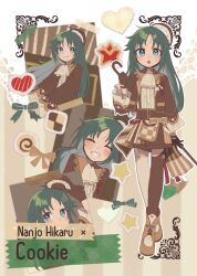 Rule 34 | 1girl, ahoge, aqua eyes, arm up, ascot, brown footwear, brown gloves, brown jacket, cane, character name, checkered clothes, closed eyes, closed mouth, cookie, dot nose, english text, eyelashes, food, food-themed clothes, frilled shirt, frills, gloves, green hair, hat, heart, highres, holding, holding cane, idolmaster, idolmaster cinderella girls, jacket, long hair, long sleeves, mini hat, mini top hat, monakocoa, nanjo hikaru, open clothes, open jacket, open mouth, parted bangs, ribbon, shirt, shorts, smile, solo, solo focus, standing, star (symbol), straight hair, tape, thighhighs, top hat