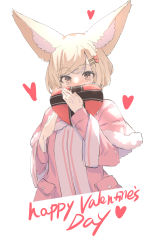 Rule 34 | 1girl, absurdres, animal ear fluff, animal ears, brown eyes, capelet, cropped torso, dress, fox ears, fur-trimmed capelet, fur trim, hair ornament, hairclip, hands up, happy valentine, heart, heart hair ornament, highres, holding, light brown hair, long sleeves, looking at viewer, original, pink capelet, pink dress, simple background, solo, swept bangs, upper body, white background, yuuji (yukimimi)