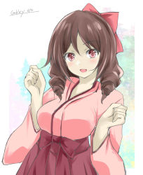 Rule 34 | 1girl, bow, brown hair, clenched hands, commentary request, cowboy shot, drill hair, gakky, hair bow, hakama, harukaze (kancolle), japanese clothes, kantai collection, kimono, long hair, looking at viewer, meiji schoolgirl uniform, one-hour drawing challenge, pink kimono, red bow, red eyes, red hakama, solo, twin drills