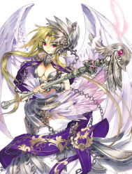 Rule 34 | 1girl, angel wings, arm guards, armor, bare shoulders, breasts, cleavage, feathers, green hair, headgear, long hair, navel, original, parted lips, purple eyes, revision, sanbasou, solo, staff, very long hair, wings