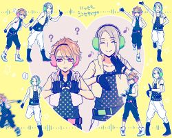 Rule 34 | 2boys, ?, a3!, belt, blonde hair, boots, chigasaki itaru, closed eyes, cropped vest, cross-laced footwear, dancing, earmuffs, fingerless gloves, fleeing, gloves, happy synthesizer (vocaloid), headset, heart, high tops, highres, male focus, multiple boys, pink hair, polka dot, ponytail, shoes, sleeveless, sneakers, song name, star (symbol), tank top, vest, vocaloid, yabapi, yellow background, yukishiro azuma