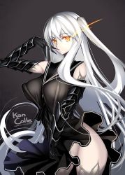 Rule 34 | 10s, 1girl, abyssal ship, aircraft carrier oni, black dress, breasts, coffee cat, covered erect nipples, dress, finger to mouth, gauntlets, glowing, glowing eye, grey background, kantai collection, large breasts, long hair, one side up, orange eyes, sailor collar, sailor dress, short dress, side ponytail, simple background, solo, thighhighs, veins, white hair