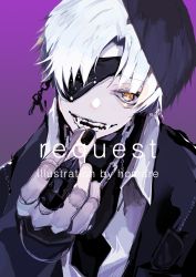 Rule 34 | 1boy, artist name, black jacket, black nails, chain, chain necklace, collared shirt, commentary request, commission, earrings, english text, eyepatch, highres, homare eramoh, jacket, jewelry, looking at viewer, male focus, nail polish, necklace, orange eyes, original, parted lips, purple background, sharp teeth, shirt, short hair, simple background, skeb commission, solo, teeth, upper body, white hair, white shirt