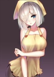 Rule 34 | 10s, 1girl, apron, bad id, bad pixiv id, bare shoulders, blue eyes, breast hold, breasts, collarbone, eyebrows, eyes visible through hair, gradient background, hair ornament, hair over one eye, hairclip, hamakaze (kancolle), head scarf, kantai collection, large breasts, looking at viewer, meaomao, no bra, no shirt, pantyhose, parted lips, short hair, silver hair, solo