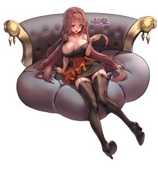 Rule 34 | 1girl, black thighhighs, blush, breasts, cleavage, commission, couch, embarrassed, full body, garter straps, hair between eyes, hair intakes, high heels, holding, holding own hair, korean text, large breasts, long hair, muloli, pink hair, red eyes, shiny skin, sitting, solo, thighhighs, transparent background, very long hair