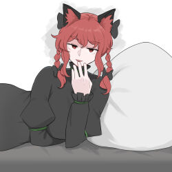 Rule 34 | 1girl, animal ears, black bow, black dress, bow, braid, cat ears, cat girl, commentary, dress, english commentary, gloom (expression), hair bow, half-closed eyes, highres, juliet sleeves, kaenbyou rin, long sleeves, lying, mata (matasoup), medium hair, on side, pillow, puffy sleeves, red eyes, red hair, shaded face, sidelocks, simple background, solo, staring, touhou, turn pale, twin braids, variant set, white background