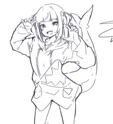 Rule 34 | 1girl, :d, animal costume, blunt bangs, cowboy shot, fins, fish tail, gawr gura, greyscale, hair ornament, hands up, hololive, hololive english, hood, hood down, lineart, looking at viewer, monochrome, nuggetkouhai, open mouth, shark costume, shark girl, shark tail, sharp teeth, sketch, sleeves past wrists, smile, solo, standing, tail, teeth, two side up, virtual youtuber
