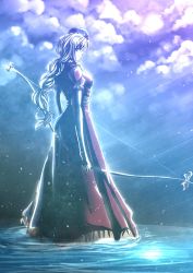 Rule 34 | 1girl, arms at sides, backlighting, blue dress, bow (weapon), braid, cloud, cloudy sky, darjeeling (reley), dress, from side, full body, full moon, hat, highres, holding, holding weapon, light rays, light smile, long dress, long hair, looking at viewer, looking to the side, moon, moonlight, multicolored clothes, multicolored dress, night, night sky, nurse cap, petals, puffy short sleeves, puffy sleeves, red dress, ripples, sash, short sleeves, silver hair, single braid, sky, solo, standing, standing on liquid, touhou, very long hair, weapon, yagokoro eirin