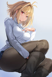 Rule 34 | 1girl, absurdres, antenna hair, arcueid brunestud, ass, blonde hair, blue skirt, boots, breasts, brown pantyhose, closed mouth, commentary request, feet out of frame, grey background, hair intakes, hand on own chest, hand on own thigh, highres, invisible chair, jewelry, long sleeves, looking at viewer, medium breasts, miniskirt, necklace, pantyhose, red eyes, short hair, sidelocks, simple background, sitting, skirt, smile, solo, suurin (ksyaro), sweater, thighs, tsukihime, tsukihime (remake), turtleneck, turtleneck sweater, white sweater