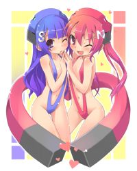 Rule 34 | 2girls, ;d, bare shoulders, blue eyes, blue hair, blush, downtown no gottsu ee kanji, fang, gradient hair, groin, hair ornament, heart, long hair, looking at viewer, magnet, multicolored hair, multiple girls, navel, one eye closed, open mouth, original, outline, red eyes, rokushou, slingshot swimsuit, smile, swimsuit, twintails, wink