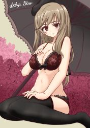 Rule 34 | 1girl, absurdres, artist name, black gloves, black thighhighs, black umbrella, blush, bow, bow bra, bra, breasts, brown eyes, brown hair, cleavage, closed mouth, commentary, flower, girls und panzer, gloves, hand on own chest, hand on own thigh, highres, lace, lace-trimmed bra, lace-trimmed panties, lace bra, lace panties, lace trim, lichyiblue, light blush, long hair, looking at viewer, mature female, medium breasts, navel, panties, purple flower, red bra, red panties, shimada chiyo, signature, sitting, smile, solo, thighhighs, umbrella, underwear, underwear only, wariza