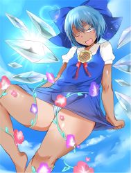 Rule 34 | 1girl, ;d, arms at sides, bare arms, barefoot, blue bow, blue dress, blue eyes, blue hair, bow, cirno, clothes lift, cowboy shot, day, dress, dress lift, floating, flower, hair between eyes, hair bow, half-closed eye, ice, ice wings, knee up, lifting own clothes, looking at viewer, morning glory, naughty face, one eye closed, open mouth, panties, plant, short dress, short hair, short sleeves, sky, smile, solo, striped clothes, striped panties, sunflower, tan, tanned cirno, tannkobuiwa, thighs, touhou, underwear, vertical stripes, vines, wings