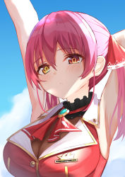 Rule 34 | 1girl, arm behind head, armpits, arms up, bare arms, bare shoulders, blouse, blush, breasts, brooch, brown eyes, cleavage, closed mouth, commentary request, day, hair between eyes, hair ribbon, heterochromia, highres, hikashou, hololive, houshou marine, jewelry, large breasts, leotard, leotard under clothes, long hair, looking at viewer, outdoors, pink hair, red eyes, red neckwear, red ribbon, red shirt, ribbon, see-through, see-through cleavage, see-through leotard, shirt, sleeveless, sleeveless shirt, solo, twintails, upper body, virtual youtuber