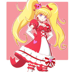 Rule 34 | 1girl, arms behind back, asahina mirai, atair, blonde hair, bow, choker, cowboy shot, cure miracle, cure miracle (ruby style), cure miracle ruby style, dress bow, elbow gloves, gloves, hair bow, hat, long hair, looking at viewer, magical girl, mahou girls precure!, mini hat, mini witch hat, pink background, pink hat, precure, puffy sleeves, purple eyes, red bow, ruby style, skirt, solo, thighhighs, twintails, white gloves, white thighhighs, witch hat