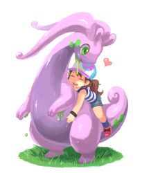 Rule 34 | 10s, 1girl, bow, brown hair, closed eyes, creatures (company), game freak, gen 6 pokemon, goodra, grass, hat, heart, nintendo, nishimura (prism engine), open mouth, pokemon, pokemon (creature), pokemon xy, riding, riding pokemon, round teeth, shirt, short shorts, shorts, slime (substance), smile, striped clothes, striped shirt, teeth, twintails, wristband