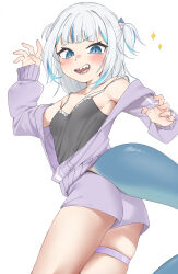 Rule 34 | 1girl, absurdres, ass, black camisole, blue eyes, blue hair, blush, breasts, camisole, fins, fish tail, gawr gura, hair ornament, highres, hololive, hololive english, jacket, looking at viewer, looking back, medium hair, multicolored hair, off shoulder, open clothes, open jacket, open mouth, pinkucatjs, purple jacket, purple shorts, shark girl, shark hair ornament, shark tail, sharp teeth, short shorts, shorts, simple background, skindentation, small breasts, solo, sparkle, strap slip, streaked hair, tail, teeth, thigh strap, thighs, virtual youtuber, white background, white hair