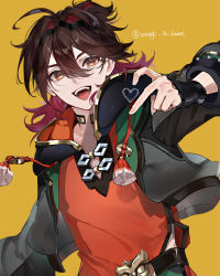 Rule 34 | 1boy, ahoge, brown eyes, brown hair, chinese clothes, gaming (genshin impact), genshin impact, hair between eyes, heart, highres, long sleeves, looking at viewer, male focus, open mouth, orange shirt, shirt, simple background, solo, teeth, twitter username, unagi to kame, upper body, upper teeth only, yellow background