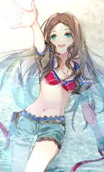 Rule 34 | 1girl, beach, bikini, bikini top only, blue shorts, blush, breasts, brown gloves, brown hair, carimarica, collarbone, fate/grand order, fate (series), fingerless gloves, forehead, gloves, green eyes, jewelry, leonardo da vinci (fate), leonardo da vinci (swimsuit ruler) (fate), long hair, lying, navel, necklace, on back, open mouth, outstretched arm, parted bangs, puffy short sleeves, puffy sleeves, red bikini, shore, short shorts, short sleeves, shorts, shrug (clothing), sidelocks, small breasts, smile, solo, swimsuit, thighs, wet