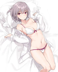 Rule 34 | 1girl, aiko (kanl), bad id, bad pixiv id, bra, breasts, cleavage, collarbone, commentary, expressionless, grey hair, gridman universe, highres, long sleeves, looking at viewer, lying, medium breasts, off shoulder, on back, open clothes, open shirt, panties, pink eyes, shinjou akane, short hair, sketch, solo, ssss.gridman, strap slip, underwear, underwear only, white bra, white panties