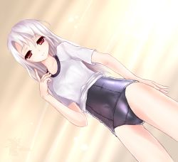 Rule 34 | 1girl, cathayan, clothes lift, fate/stay night, fate (series), illyasviel von einzbern, long hair, one-piece swimsuit, red eyes, school swimsuit, shiny clothes, shirt lift, skindentation, solo, swimsuit, swimsuit under clothes, white hair