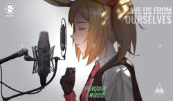 Rule 34 | 1girl, absurdres, animal ears, arknights, black gloves, blonde hair, breasts, closed eyes, fox ears, fox girl, from side, gloves, highres, jane xiao, microphone, microphone stand, music, necktie, open mouth, shirt, short hair, singing, solo, sora (arknights), upper body, vest