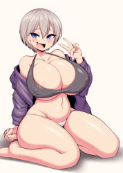Rule 34 | 1girl, absurdres, blue eyes, blush, breasts, bursting breasts, cleavage, collarbone, covered erect nipples, curvy, fang, grey hair, hair between eyes, highres, huge breasts, looking at viewer, navel, off shoulder, open mouth, panties, plump, short hair, sitting, skin fang, smile, solo, stomach, tailzkim, thick thighs, thighs, undersized clothes, underwear, uzaki-chan wa asobitai!, uzaki hana, v, wariza, white background, white panties