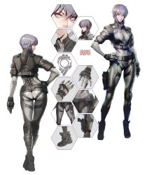 Rule 34 | 1girl, ankle boots, ass, belt, bodysuit, boots, breasts, cropped jacket, full body, ghost in the shell, ghost in the shell stand alone complex, ghost in the shell stand alone complex first assault, gloves, grey hair, gun, hand on own hip, highres, honeycomb, jacket, kusanagi motoko, looking at viewer, looking back, medium breasts, multiple views, purple eyes, short hair, simple background, skin tight, standing, turnaround, weapon, white background
