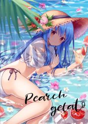 Rule 34 | 1girl, bead bracelet, beads, bikini, blue hair, blush, bracelet, closed mouth, cup, day, drinking glass, flower, food, fruit, hat, hat flower, hibiscus, hinanawi tenshi, holding, holding food, holding spoon, jewelry, kure~pu, legs, long hair, looking at viewer, lying, off shoulder, on side, outdoors, parfait, partially submerged, peach, petals, red eyes, see-through, shallow water, shirt, short sleeves, side-tie bikini bottom, smile, solo, spoon, straw hat, sun hat, swimsuit, t-shirt, teapot, tied shirt, touhou, tray, very long hair, water, wet, wet clothes, wet shirt, white bikini, white shirt