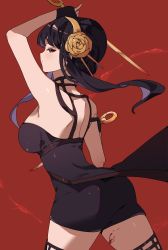 Rule 34 | 1girl, absurdres, amahabi, arm up, ass, back, bad id, bad pixiv id, black dress, black gloves, black hair, black thighhighs, blood, blood on leg, breasts, closed mouth, dress, earrings, fingerless gloves, floating hair, flower, from behind, from side, gloves, gold earrings, gold hairband, hair flower, hair ornament, hairband, highres, jewelry, large breasts, long hair, red background, red eyes, rose, sidelocks, solo, spikes, spy x family, taut clothes, taut dress, thighhighs, thighs, yor briar, zettai ryouiki