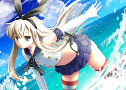 Rule 34 | 10s, 1girl, anchor, anchor hair ornament, black panties, blonde hair, blue sky, blush, day, elbow gloves, flat chest, gloves, grey eyes, hair ornament, hairband, highleg, highleg panties, kantai collection, lips, long hair, md5 mismatch, navel, ocean, panties, personification, resolution mismatch, sailor collar, shimakaze (kancolle), skirt, sky, socha, solo, source smaller, striped clothes, striped thighhighs, thighhighs, underwear, water, white gloves