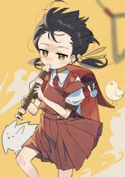 Rule 34 | 1girl, backpack, bag, bird, black hair, brown eyes, collared shirt, dog, dress, flute, forehead blush, hair bobbles, hair ornament, highres, holding flute, holding instrument, instrument, kaai yuki, kyoufuu all back (vocaloid), light blush, low twintails, messy hair, music, pigeon, pinafore dress, playing flute, playing instrument, randoseru, recorder, red bag, red dress, shirt, short twintails, sleeveless, sleeveless dress, triangle (instrument), twintails, vocaloid, wagashi928, wind, yellow background, yellow eyes