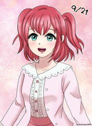 Rule 34 | 1girl, aqua eyes, artist name, artist request, blush, bow, breasts, buttons, casual, center frills, collarbone, collared shirt, cowboy shot, female focus, frilled jacket, frilled shirt, frilled skirt, frills, hair between eyes, hair bow, jacket, kurosawa ruby, looking at viewer, love live!, love live! school idol festival, love live! sunshine!!, miniskirt, otyashogun2853, pink jacket, pink skirt, red hair, shirt, short hair, skirt, small breasts, solo, standing, white shirt, yellow bow