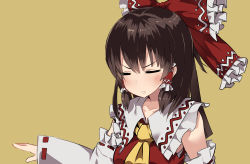 Rule 34 | 1girl, :o, absurdres, ascot, bare shoulders, benjamin button suukina jinsei, blush, bow, brown hair, collar, collarbone, cookie (touhou), detached sleeves, eyebrows, closed eyes, frilled collar, frills, hair between eyes, hair bow, hair tubes, hakurei reimu, highres, kanna (cookie), long hair, long sleeves, ponytail, red bow, red ribbon, red vest, ribbon, ribbon-trimmed sleeves, ribbon trim, sarashi, simple background, sleeves past wrists, solo, tareme, touhou, upper body, vest, yellow background