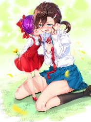 Rule 34 | 2girls, black socks, blue eyes, blue neckwear, blue skirt, blurry, blurry background, blush, bow, brown footwear, brown hair, closed eyes, closed mouth, collared shirt, commentary request, depth of field, dress, dress shirt, flower, gegege no kitarou, hair between eyes, hair bow, hair ornament, hairclip, hands up, highres, holding, holding flower, inuyama mana, kneehighs, loafers, long sleeves, mary janes, multiple girls, necktie, nekomusume, nekomusume (gegege no kitarou 6), petals, pleated skirt, pointy ears, ponytail, purple hair, red bow, red dress, red footwear, red ribbon, ribbon, school uniform, shirt, shoes, sitting, size difference, skirt, sleeveless, sleeveless dress, socks, standing, swordsouls, tears, wariza, white shirt, yellow flower, yuri