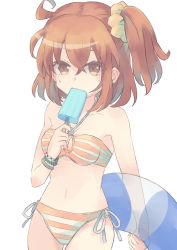 Rule 34 | 1girl, bare shoulders, bikini, blush, breasts, brown eyes, brown hair, cleavage, cleavage cutout, clothing cutout, collarbone, fate/grand order, fate (series), food, fujimaru ritsuka (female), fujimaru ritsuka (female) (brilliant summer), hair ornament, hair scrunchie, halterneck, holding, holding food, holding instrument, innertube, instrument, kidhukaji, looking at viewer, official alternate costume, one side up, popsicle, scrunchie, side-tie bikini bottom, simple background, small breasts, solo, striped bikini, striped clothes, sweat, swim ring, swimsuit, transparent, white background, yellow scrunchie