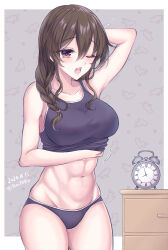 Rule 34 | 1girl, abs, alarm clock, alternate hairstyle, arm up, ashigara (kancolle), black panties, black tank top, blush, braid, breasts, brown eyes, brown hair, clock, dated, hair between eyes, hair over shoulder, hand under clothes, highres, kabocha torute, kantai collection, large breasts, long hair, midriff, one eye closed, open mouth, panties, single braid, solo, tank top, toned, twitter username, underwear, waking up
