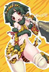 Rule 34 | 1girl, :o, animal print, club, club (weapon), female focus, flat chest, green hair, horns, kanabou, kei jiei, navel, nipples, no panties, oni, open mouth, original, red eyes, safety pin, short hair, solo, tiger print, weapon