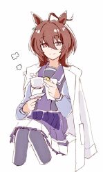 Rule 34 | 1girl, agnes tachyon (umamusume), ahoge, animal ears, black pantyhose, bow, bowtie, brown eyes, brown hair, closed mouth, coat, coat on shoulders, cropped legs, cup, hair between eyes, holding, holding cup, holding saucer, horse ears, invisible chair, lab coat, long sleeves, looking at viewer, maitake umai, medium hair, pantyhose, purple shirt, purple skirt, sailor collar, saucer, shirt, simple background, sitting, skirt, smile, solo, steam, teacup, umamusume, white background
