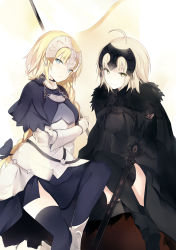 Rule 34 | 2girls, ahoge, armor, black cape, black dress, black legwear, blonde hair, blue eyes, blue ribbon, blue skirt, blue thighhighs, boots, braid, breasts, cape, capelet, closed mouth, commentary request, dress, fate/grand order, fate (series), faulds, flag, gauntlets, hair ribbon, headpiece, jeanne d&#039;arc (fate), jeanne d&#039;arc (ruler) (fate), jeanne d&#039;arc alter (avenger) (fate), jeanne d&#039;arc alter (avenger) (first ascension) (fate), jeanne d&#039;arc alter (fate), long hair, looking at viewer, lpip, medium breasts, multiple girls, parted lips, ribbon, short hair, single braid, sitting, skirt, smile, sword, thighhighs, tress ribbon, underbust, very long hair, weapon, yellow eyes