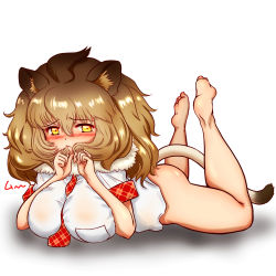 Rule 34 | 1girl, absurdres, animal ears, bare arms, bare legs, barefoot, between breasts, big hair, blush, bottomless, breast pocket, breasts, brown hair, closed mouth, feet up, fur collar, furrowed brow, hair between eyes, twirling hair, hakumaiya, hands up, highres, impossible clothes, impossible shirt, kemono friends, large breasts, lion (kemono friends), lion ears, lion tail, looking at viewer, lying, necktie, necktie between breasts, on stomach, orange eyes, plaid, plaid necktie, plaid neckwear, plaid sleeves, playing with own hair, pocket, shirt, short sleeves, soles, solo, tail, toes