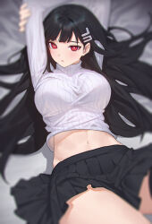 Rule 34 | 1girl, arms up, black hair, black skirt, blue archive, breasts, clothes lift, commentary request, crop top, grey sweater, hair ornament, hairclip, large breasts, long hair, looking at viewer, lying, midriff, miniskirt, navel, on back, pleated skirt, red eyes, rio (blue archive), siun, skirt, solo, stomach, sweater, sweater lift, thighs, turtleneck, turtleneck sweater, very long hair