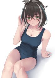 Rule 34 | 1girl, nanashi inc., animare, arm support, atsushima, bare arms, bare legs, bare shoulders, black hair, blue one-piece swimsuit, breasts, cleavage, collarbone, from above, glasses, green eyes, hand up, knees together feet apart, knees up, looking at viewer, medium breasts, medium hair, multicolored hair, one-piece swimsuit, oura rukako, parted lips, semi-rimless eyewear, sitting, smile, solo, streaked hair, swimsuit, virtual youtuber, white hair